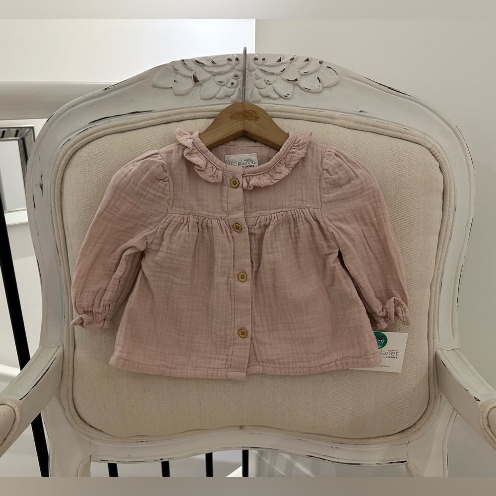 🦢 6 Mth Organic Cotton Baby Blouse with Ruffled Collar in Dusty Rose NWT